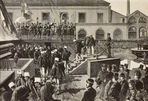 Soldati italiani che salgono a bordo della nave Washington, Napoli, Italia, terza spedizione italiana nel Mar Rosso, incisione da un disegno di Quinto Cenni e schizzo di M Del Don, da L