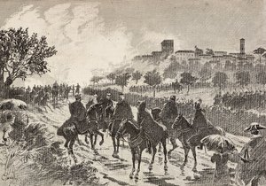 Soldati italiani a cavallo in movimento da Copreno a Cermenate, Italia (incisione) da Quinto Cenni