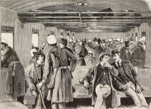 Soldati italiani sul treno diretto a Napoli, Italia, seconda spedizione italiana nel Mar Rosso, incisione da un disegno di Quinto Cenni e schizzo di M Dal Don, da L
