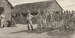 Soldati italiani in formazione, Massaua, Eritrea, incisione da un disegno di Quinto Cenni e uno schizzo di Pieragostini, da L
