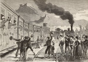 Uomini e donne che salutano i soldati italiani in partenza dalla stazione ferroviaria di Cassino, Italia (incisione) da Quinto Cenni