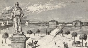 Monumento in memoria di Giuseppe Garibaldi (1807-1882), politico e patriota italiano, e stabilimento balneare sullo sfondo, Cesenatico, Italia da Quinto Cenni
