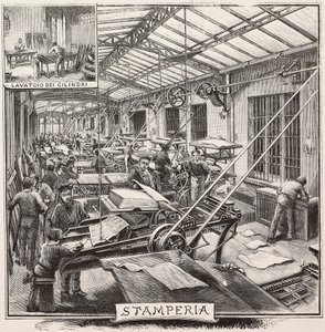 Tipografia nella casa editrice Fratelli Treves, Milano, Italia, incisione da disegno di Quinto Cenni, da L