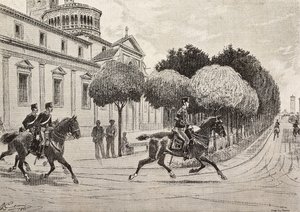 Soldati a cavallo che passano davanti al Santuario della Beata Vergine dei Miracoli, Saronno, Italia, incisione da un disegno di Quinto Cenni, da L