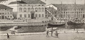 Il municipio e il canale del porto, Cesenatico, Italia, incisione da un disegno di Quinto Cenni e uno schizzo di Ulisse Topi, da L