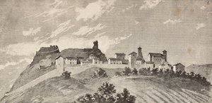 La città di San Giovanni in Galilea, Italia, incisione da un disegno di Quinto Cenni e uno schizzo di Ulisse Topi, da L
