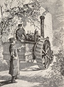Due ingegneri militari italiani su locomotiva stradale, nelle loro nuove uniformi, incisione da disegno di Quinto Cenni, da L