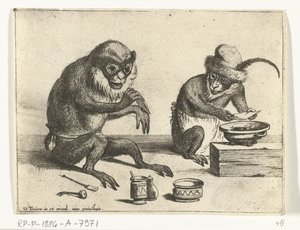 Una scimmia applica una benda Diverse attività della vita umana rappresentate dalle scimmie (serie) il Gioco delle scimmie nel mondo (serie) da Quirin Boel