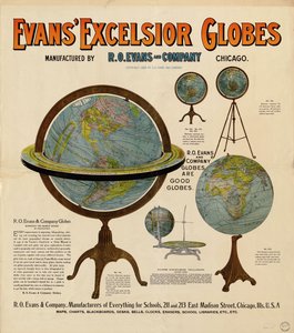 Poster pubblicitario per globi con rappresentazioni di 5 globi e qualche testo descrittivo da R. O. Evans And Company