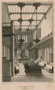 Camera dei Lord, Westminster, Londra, allestita nel 1835 da R. W. Billings
