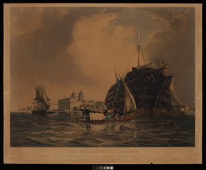 Il Dreadnought 104 cannoni, nave ospedale per marinai di tutte le nazioni, ancorata nel Tamigi al largo di Greenwich, 20 giugno 1831
