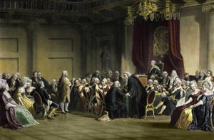 Benjamin Franklin (1706-1790), filosofo, fisico e statista americano davanti ai Lord del Consiglio Privato, Cappella di Whitehall, Londra da R. Whitechurch