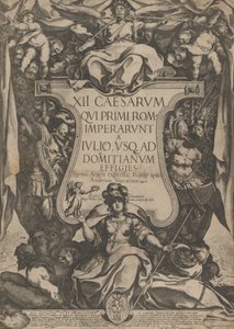 Frontespizio con un trombettiere che suona trombe seduto sopra un cartiglio, 1606
