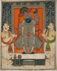 Sacerdoti che adorano Krishna come Shrinathji per il festival della Montagna di Cibo [Annakuta utsava]; arazzo del santuario [pichhavai] da Rajasthan Kota school