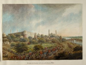 Il gruppo di Lord Hastings entra nella città di Lucknow a dorso di elefante, c.1814-15 da Ram Sita