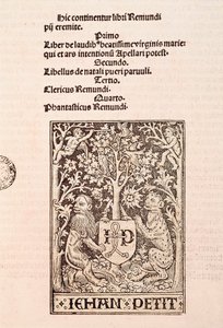 Pagina del codice "De Laudibus Beatissimae Virginis Mariae" di Ramon Llull (1235-1315), raffigurante due leoni che tengono lo stemma del tipografo Jehan Petit