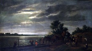 Una carrozza e cavalli che entrano in un traghetto sul fiume Leck in Olanda di notte da Ramsay Richard Reinagle