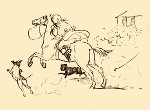 John Gilpin è inseguito dai cani mentre il suo cavallo galoppa fuori controllo, 1878, c1918 da Randolph Caldecott