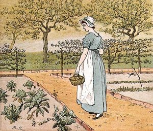 È andata in giardino a tagliare una foglia di cavolo per fare una torta di mele (illustrazione da 