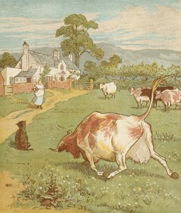 La Casa che Jack Costruì, filastrocca accumulativa. Questa è la mucca con il corno accartocciato che ha lanciato il cane... Illustrazione di Randolph Caldecott. da Randolph Caldecott
