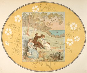 Due donne e un uomo seduti in una radura vicino alla costa. Bordo floreale da Randolph Caldecott