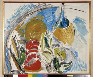 Natura morta di frutta, verdura e una bottiglia di vino su un tavolo da Raoul Dufy