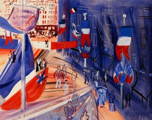 La strada inondata di bandiere americane; La rue Pavoisee a la Banniere Americaine, 1930 circa (olio su tavola rigida cullata)