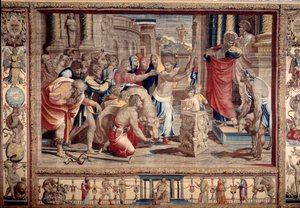 Il sacrificio a Listra - Vita degli apostoli Pietro e Paolo: San Paolo rifiuta onori divini, dopo aver guarito un invalido, gli abitanti lo prendono per un dio e vogliono fare sacrifici - Arazzo da cartone di Raffaello Sanzio da after Raphael