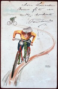 Cartolina di una donna in bicicletta - disegno di R. Kirchner, c. 1900. da Raphael Kirchner