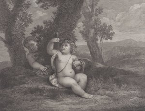 Il giovane Bacco seduto sotto un albero, che solleva un bicchiere di vino, con un altro giovane dietro, 1780 da Raphael Morghen