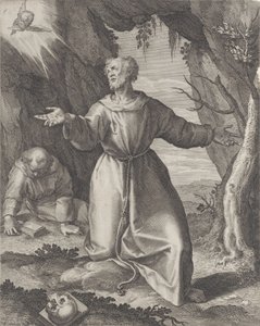 San Francesco in ginocchio con le braccia tese, guardando verso un cherubino in alto a sinistra da Raphael Sadeler