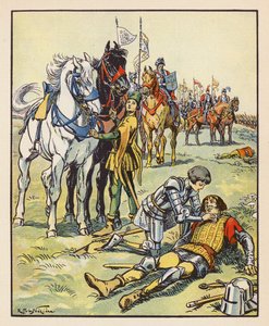 Jeanne cura un ferito inglese dopo la battaglia di Patay (litografia a colori) da Raymond de la Neziere
