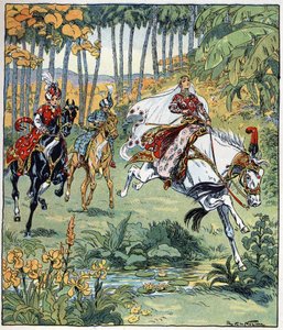 Parizade supera i suoi fratelli Bahman e Pervis nella corsa dei cavalli. Illustrazione di Raymond de La Neziere (1865-1953) per il racconto 