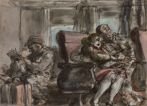 Passeggeri in un vagone ferroviario (acquerello, inchiostro e matita su carta)