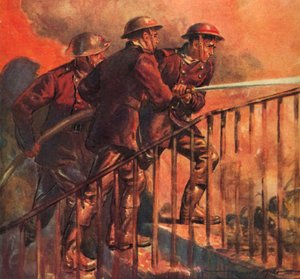 Vigili del fuoco britannici del Servizio Nazionale Antincendio durante la guerra che combattono un incendio durante il Blitz, Seconda Guerra Mondiale da Reginald Mills