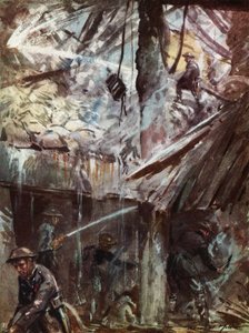 Pompieri del Servizio Nazionale Antincendio britannico durante un raid aereo nel Blitz, Seconda Guerra Mondiale da Reginald Mills