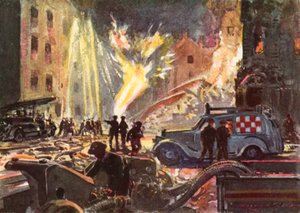 Vigili del fuoco del Servizio Nazionale Antincendio britannico durante la guerra che affrontano un incendio di una conduttura del gas durante il Blitz, Seconda Guerra Mondiale da Reginald Mills