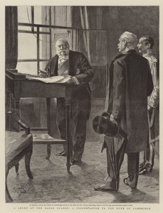 Una cerimonia di presentazione al Duca di Cambridge (incisione) da Reginald Thomas Cleaver
