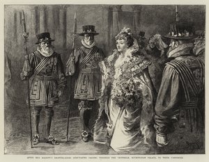 Dopo il Salotto di Sua Maestà, le debuttanti attraversano il vestibolo di Buckingham Palace per raggiungere le loro carrozze (incisione) da Reginald Thomas Cleaver