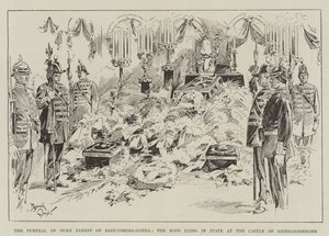 Funerale del duca Ernesto di Sassonia-Coburgo-Gotha, la salma giace in stato di riposo nel castello di Reinhardsbrunn (incisione) da Reginald Thomas Cleaver