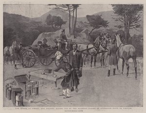 La regina a Cimiez, Sua Maestà prende un tè sul ciglio della strada durante un pomeriggio di viaggio verso Falicon (litografia) da Reginald Thomas Cleaver