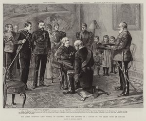 La Regina investe Lord Russell di Killowen con le insegne di Cavaliere di Gran Croce a Osborne (incisione)