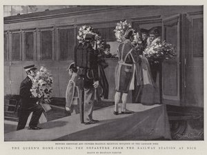 Il ritorno a casa della regina, la partenza dalla stazione ferroviaria di Nizza (litografia) da Reginald Thomas Cleaver