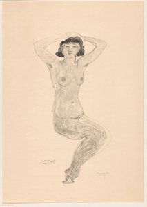 Donna nuda seduta con le mani sulla testa