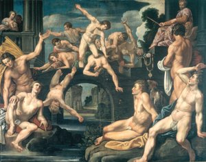 Giovani uomini che lottano su un ponte. Allegoria da Reinhold Timm
