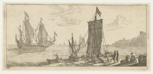 Baia con un hoeker e una nave da guerra da Reinier Nooms