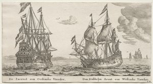 Navi di Amsterdam: La Perla e East Indiaman, The Double Eagle, un West Indiaman da Reinier Nooms