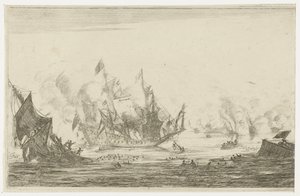 Battaglia navale con una nave che affonda da Reinier Nooms