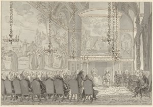 Accoglienza del Principe Guglielmo V e Guglielmina di Prussia nella Sala del Consiglio del Municipio di Amsterdam da Reinier Vinkeles (I)