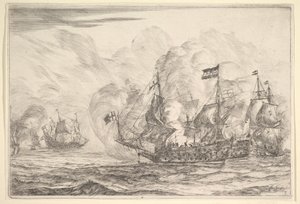 Scontro navale con tre navi a destra, dalle Battaglie Navali Nieuwe Scheeps Bat..., 1652-54 da Reinier Zeeman